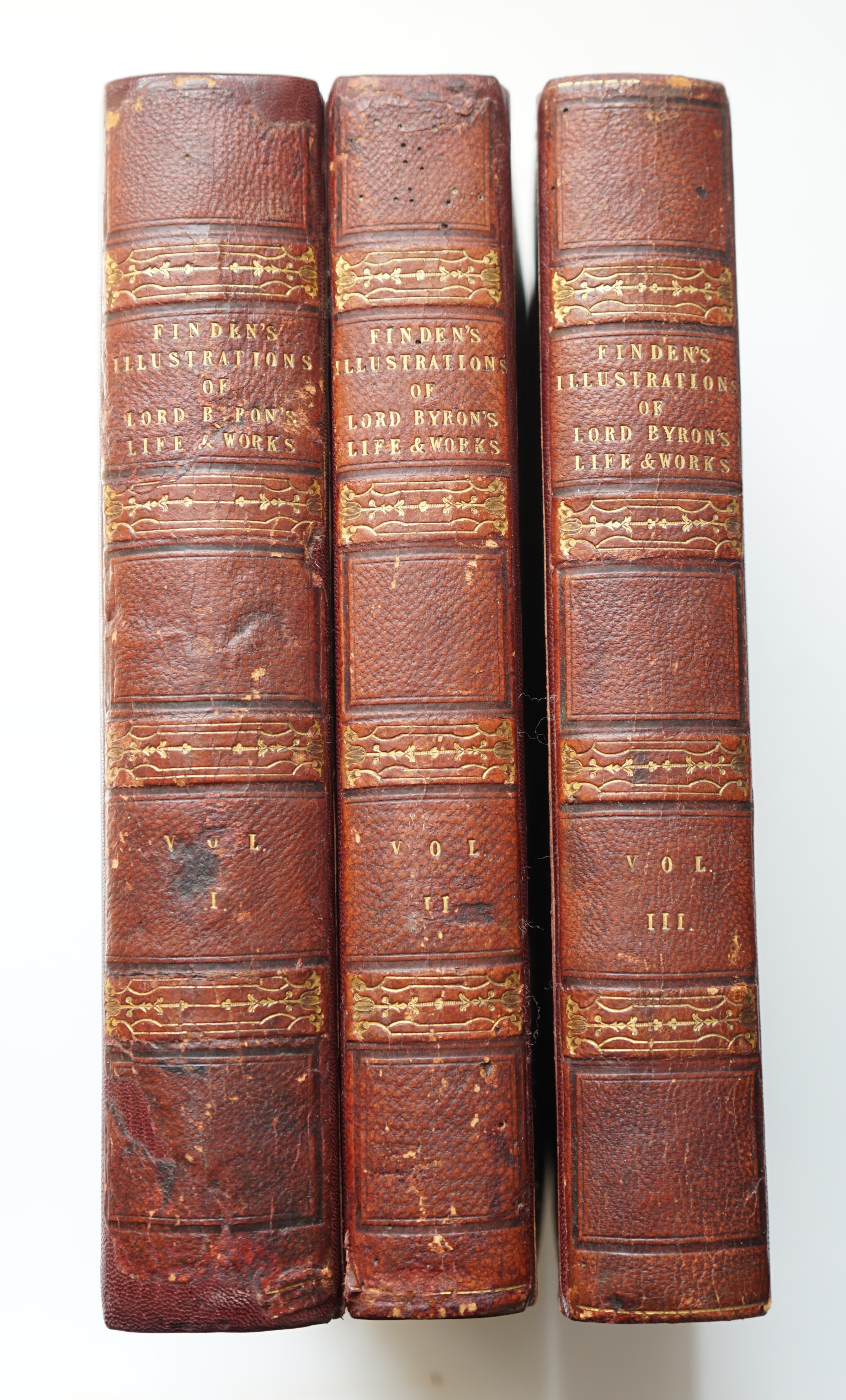 Brockedon, William - Finden’s Illustrations of the Life and Work of Lord Byron, 3 vols, 8vo, red morocco gilt, with 122 steel engraved plates, John Murray, London, 1833